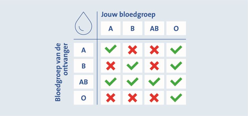 Hier ziet u een plaatje met verschillende bloedgroepen en welke bloedgroepen bij elkaar passen. De uitleg leest u hieronder.
