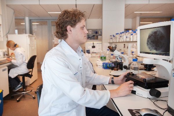 Foto Jorke Willemse aan het werk in het lab.