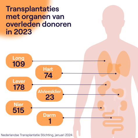Op deze afbeelding staat het aantal transplantaties met gedoneerde organen per orgaan: 109 longen, 74 keer een hart, 178 levers, 23 keer de alvleesklier, 515 nieren en 1 keer de dunne darm