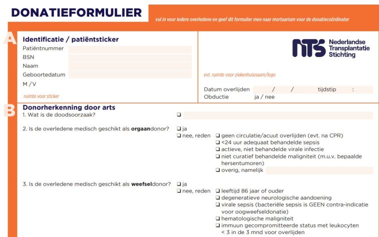 Dit is een plaatje van het donatieformulier voor artsen bij klikken wordt het donatieformulier geopend in een extern tabblad